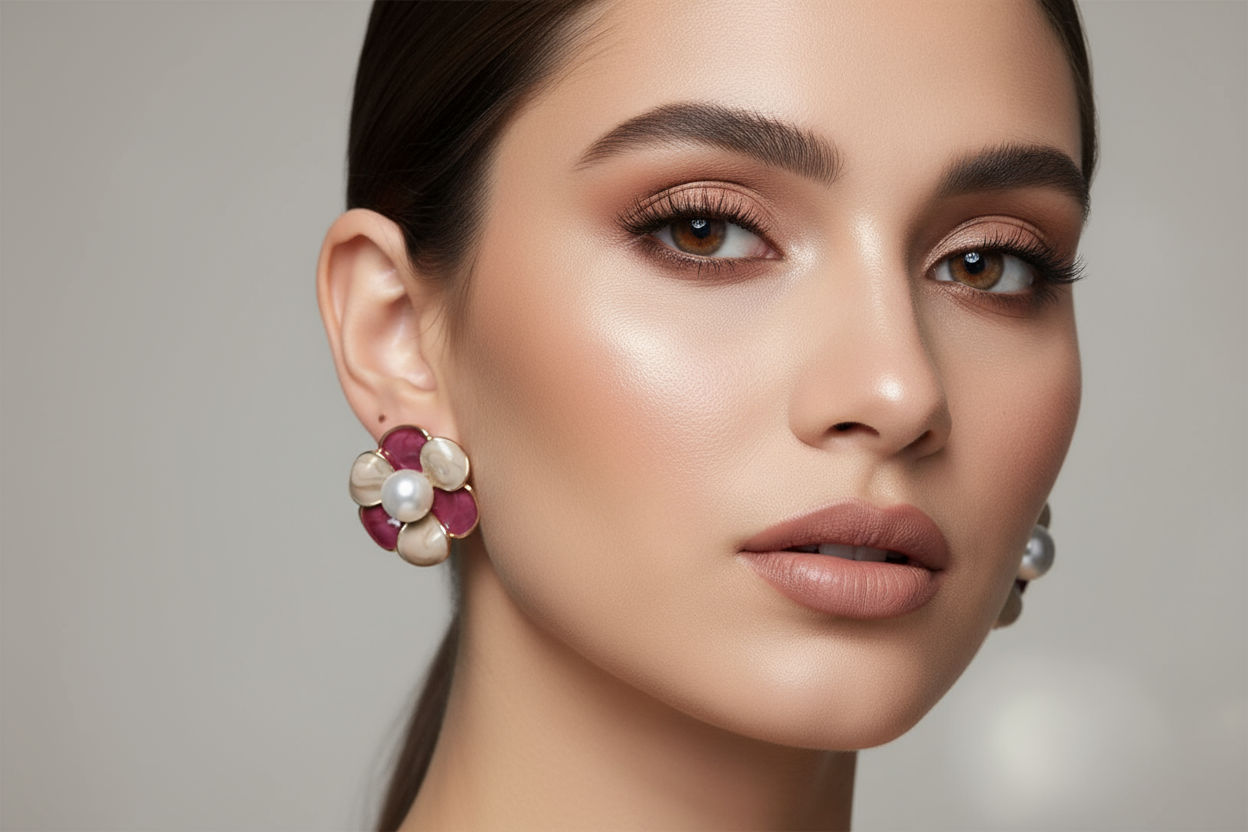 Korean Floral Pearl Stud Earrings